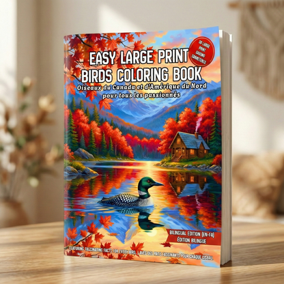 EASY LARGE PRINT BIRDS COLORING BOOK: 50 BILINGUAL ILLUSTRATIONS (ENGLISH & FRENCH) (PAPERBACK & DIGITAL)